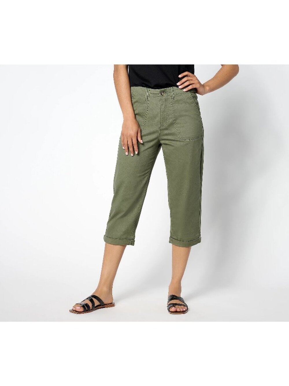 Denim & Co Pants Size 6 Regular EasyWear Twill Capri Rolled Hem Dark Olive NEW